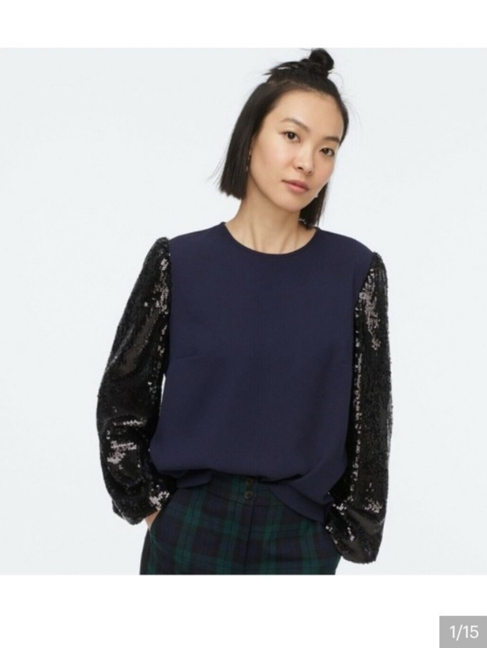 J. Crew Women's Navy Top with Black Sequin Sleeves